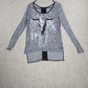 Rock & Republic Womens Long Sleeve Top Gray/B&W Knit Faux Leather Bull Skull S